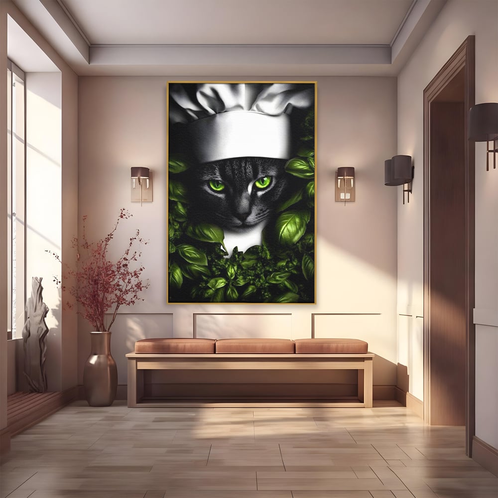 Tablou canvas cu tablou canvas cu pisica bucatar si frunze, in rama de aluminiu auriu